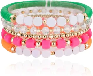 5 Pcs Friendship Bracelet Set, Boho Y2K Summer Handmade Beach Elastic Layering Bracelets Birthday Supplies Favors, Bracelets for Women Clay Bead Colorful