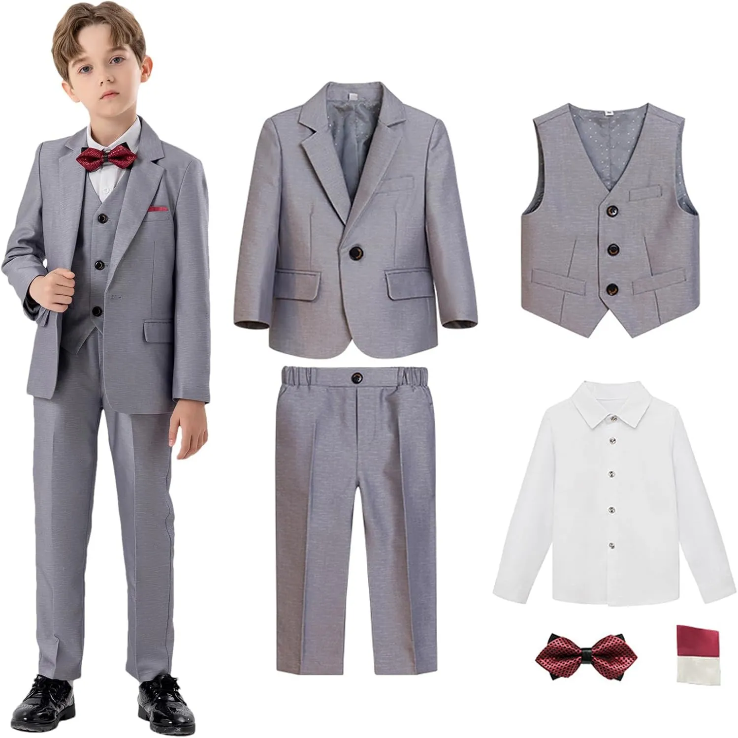 5 Piece Suits for Boys Formal Slim Fit Suit Set Wedding Ring Bearer Outfits Kids Tuxedo Suit First Communion Outfits