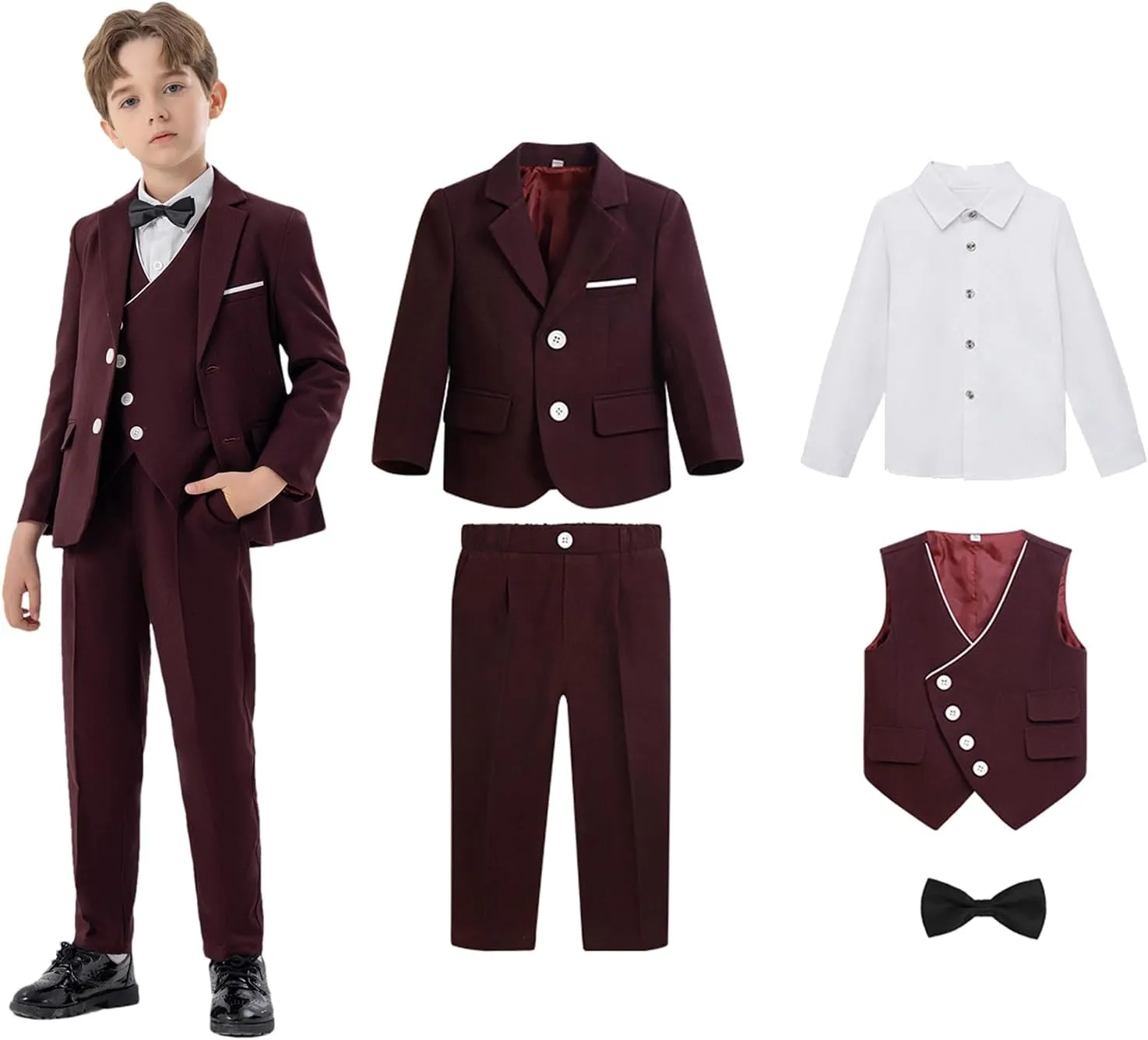 5 Piece Suits for Boys Formal Slim Fit Suit Set Wedding Ring Bearer Outfits Kids Tuxedo Suit First Communion Outfits