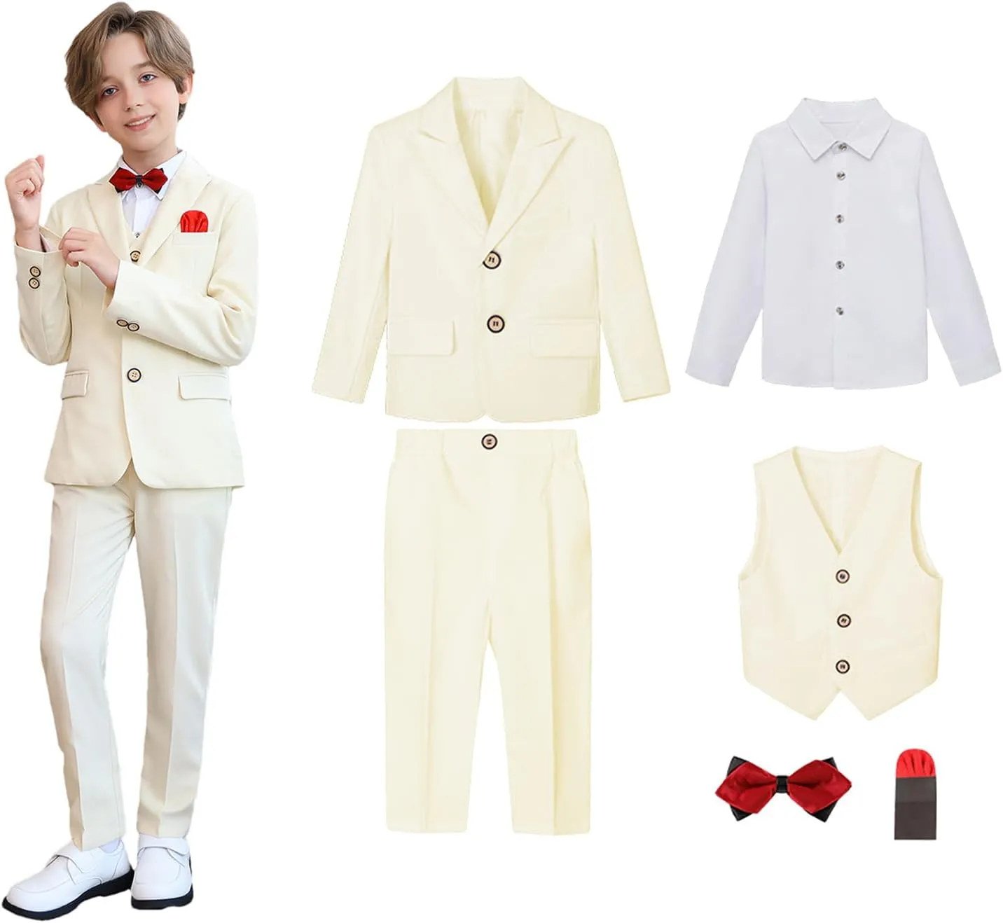 5 Piece Suits for Boys Formal Slim Fit Suit Set Wedding Ring Bearer Outfits Kids Tuxedo Suit First Communion Outfits