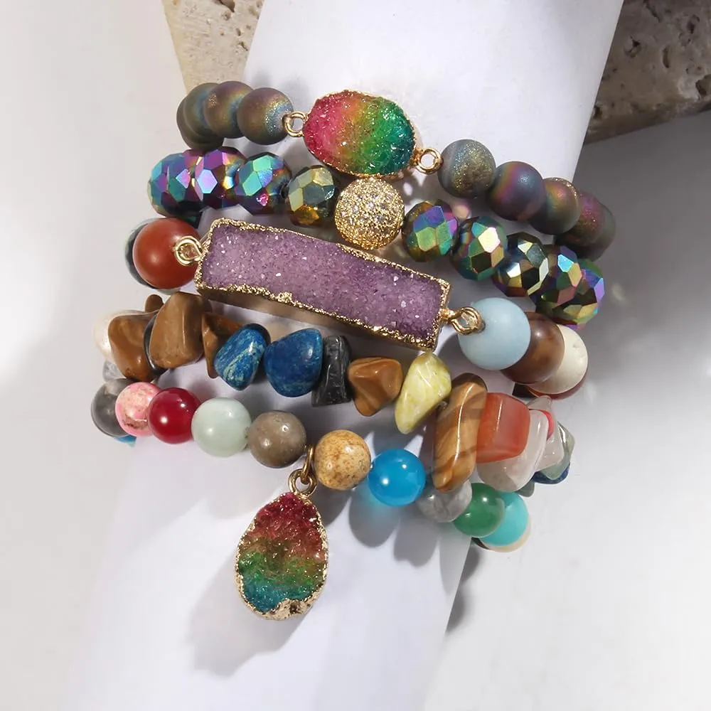 5PCS 6PCS Natural Boho Beaded Bracelets/Bangle for Women Men,Healing Turquoise Jasper Agate Crystal Gemstone Stone Chakra Multilayer Wrap Bohemian Handmade Jewelry Beads Stretch Bracelet Set