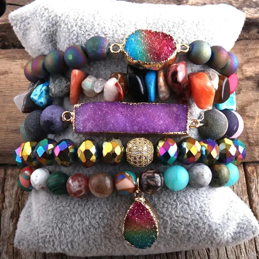 5PCS 6PCS Natural Boho Beaded Bracelets/Bangle for Women Men,Healing Turquoise Jasper Agate Crystal Gemstone Stone Chakra Multilayer Wrap Bohemian Handmade Jewelry Beads Stretch Bracelet Set