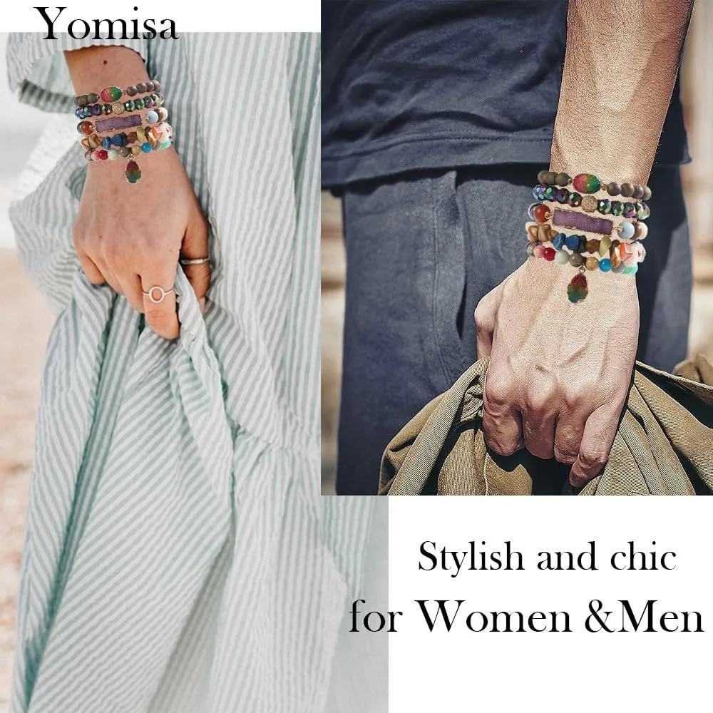 5PCS 6PCS Natural Boho Beaded Bracelets/Bangle for Women Men,Healing Turquoise Jasper Agate Crystal Gemstone Stone Chakra Multilayer Wrap Bohemian Handmade Jewelry Beads Stretch Bracelet Set
