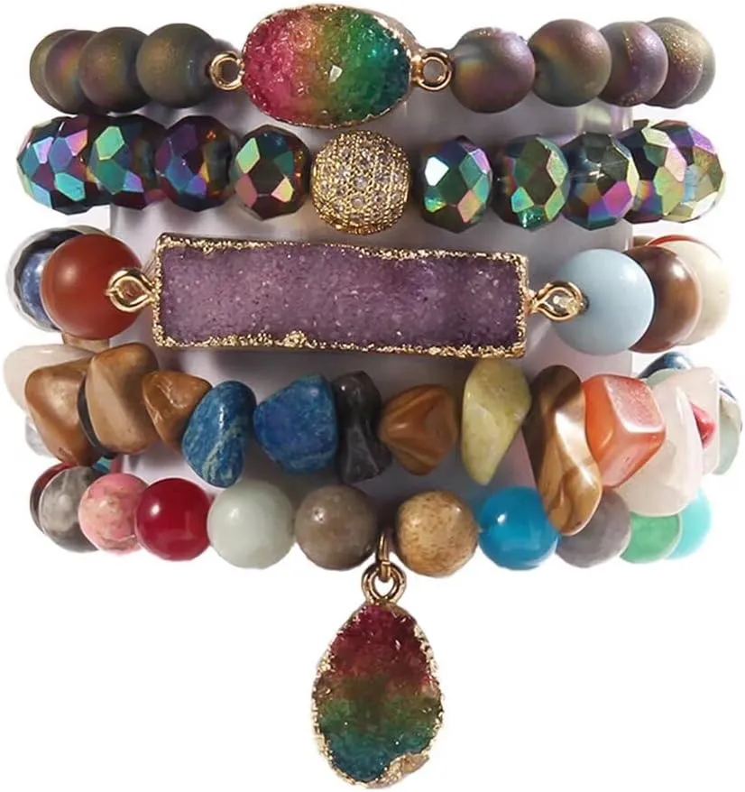 5PCS 6PCS Natural Boho Beaded Bracelets/Bangle for Women Men,Healing Turquoise Jasper Agate Crystal Gemstone Stone Chakra Multilayer Wrap Bohemian Handmade Jewelry Beads Stretch Bracelet Set