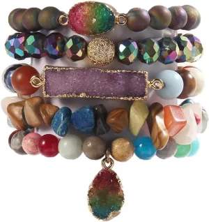 5PCS 6PCS Natural Boho Beaded Bracelets/Bangle for Women Men,Healing Turquoise Jasper Agate Crystal Gemstone Stone Chakra Multilayer Wrap Bohemian Handmade Jewelry Beads Stretch Bracelet Set