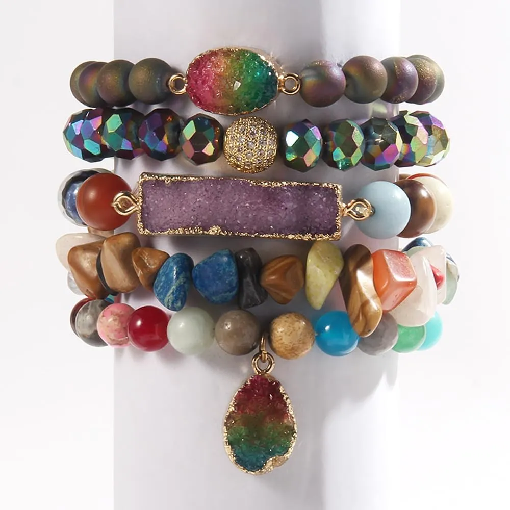 5PCS 6PCS Natural Boho Beaded Bracelets/Bangle for Women Men,Healing Turquoise Jasper Agate Crystal Gemstone Stone Chakra Multilayer Wrap Bohemian Handmade Jewelry Beads Stretch Bracelet Set