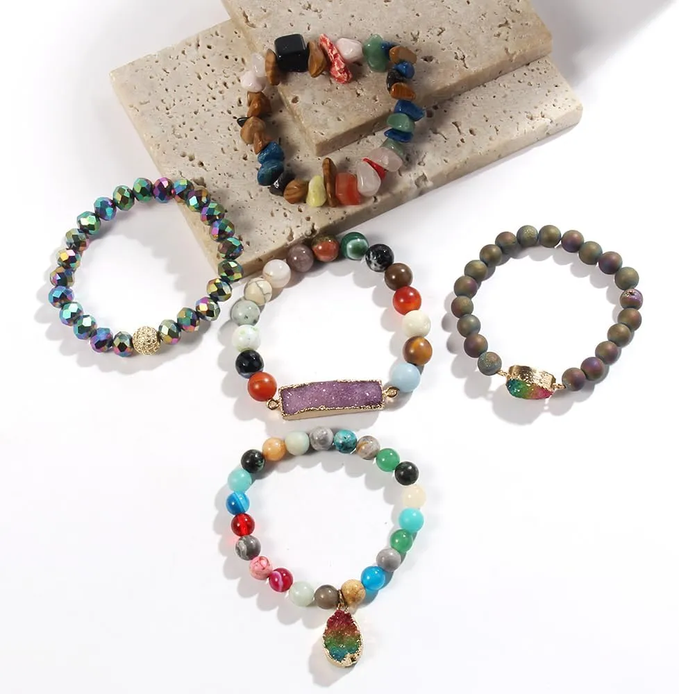 5PCS 6PCS Natural Boho Beaded Bracelets/Bangle for Women Men,Healing Turquoise Jasper Agate Crystal Gemstone Stone Chakra Multilayer Wrap Bohemian Handmade Jewelry Beads Stretch Bracelet Set