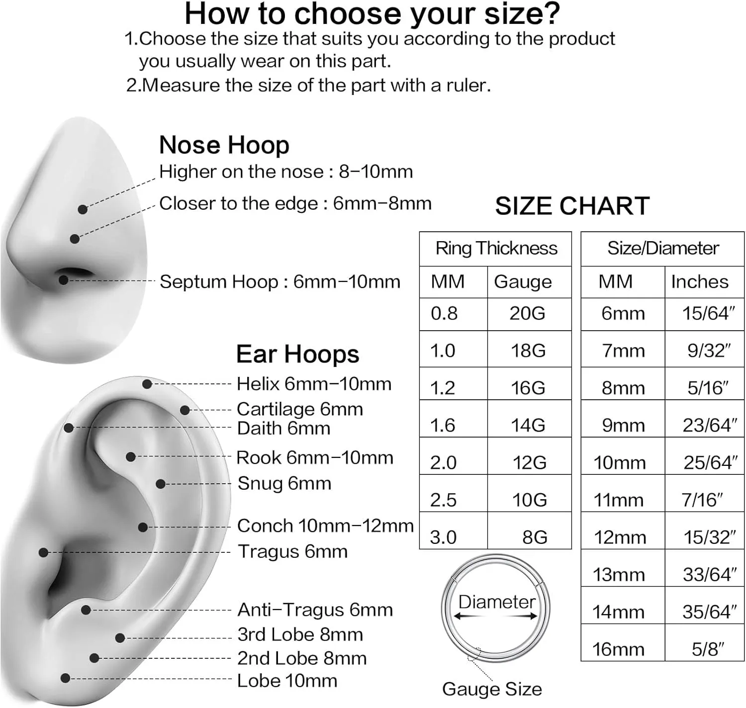 5PCS Nose Rings Hoop Surgical Steel 16G 18G 20G Tragus Helix Conch Hoop Earrings 6/7/8/9/10mm