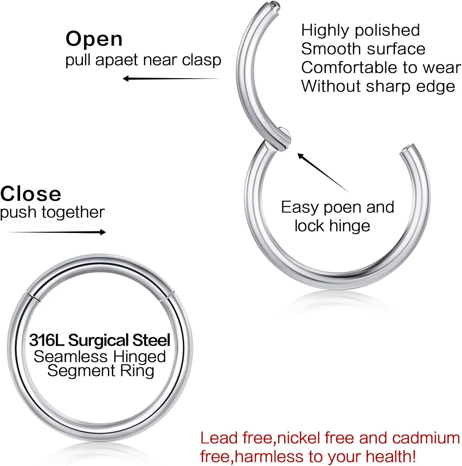 5PCS Nose Rings Hoop Surgical Steel 16G 18G 20G Tragus Helix Conch Hoop Earrings 6/7/8/9/10mm