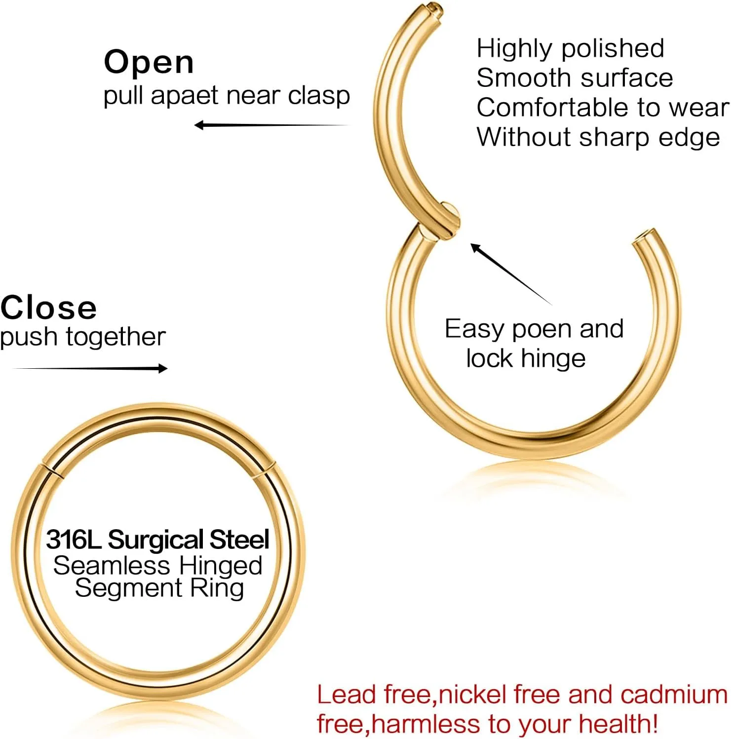 5PCS Nose Rings Hoop Surgical Steel 16G 18G 20G Tragus Helix Conch Hoop Earrings 6/7/8/9/10mm