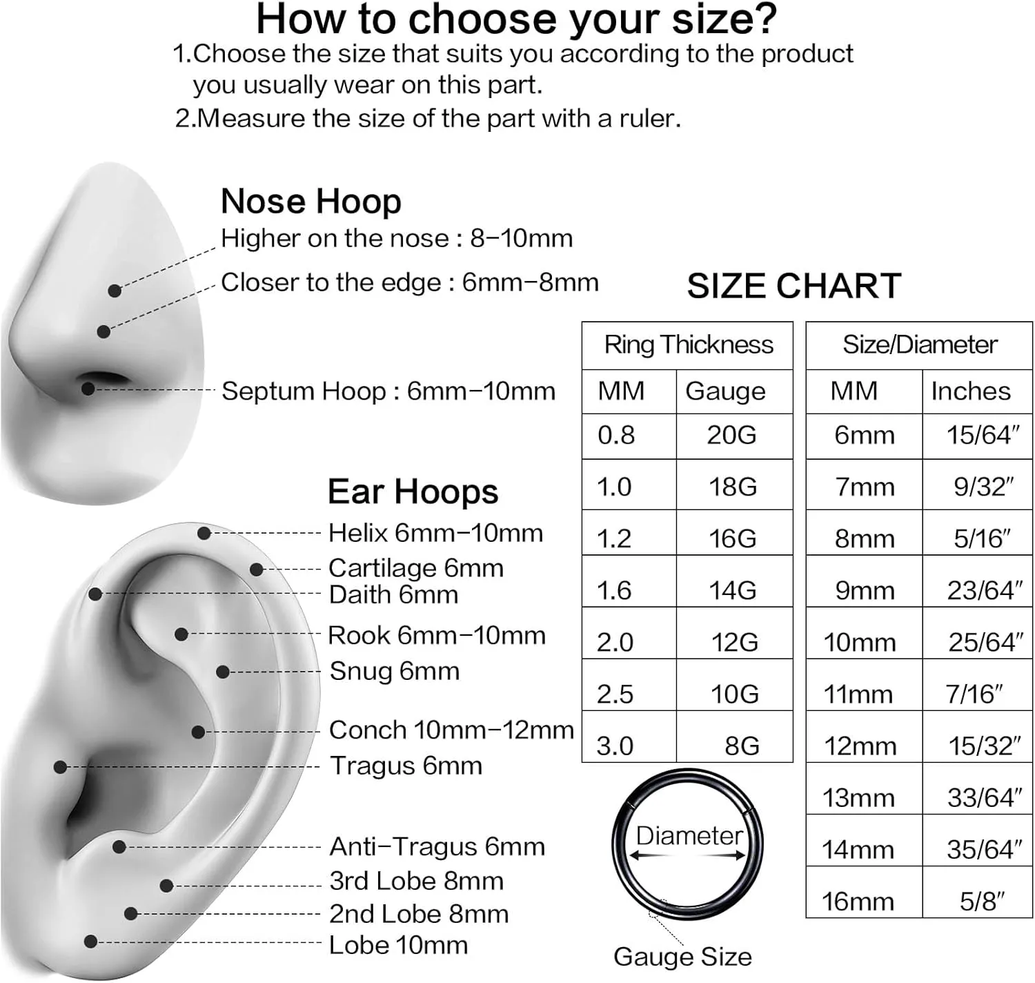 5PCS Nose Rings Hoop Surgical Steel 16G 18G 20G Tragus Helix Conch Hoop Earrings 6/7/8/9/10mm