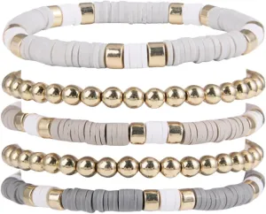 5Pcs Simple Heishi Surfer Bracelets Set Vintage Boho Colorful Beaded Stretch Bracelets Y2K Clay Stackable Summer Beach Jewelry for Women