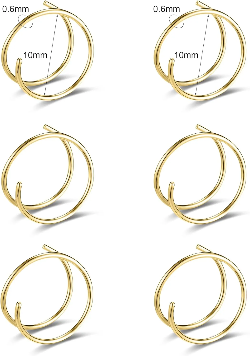 6-12PCS Stainless Steel Nose Ring Hoop Set for Men Women Cartilage Earring Double Hoop, 18G-22G, Black/Gold/Silver, Hypoallergenic Piercing Jewelry for Nose, Septum Cartilage
