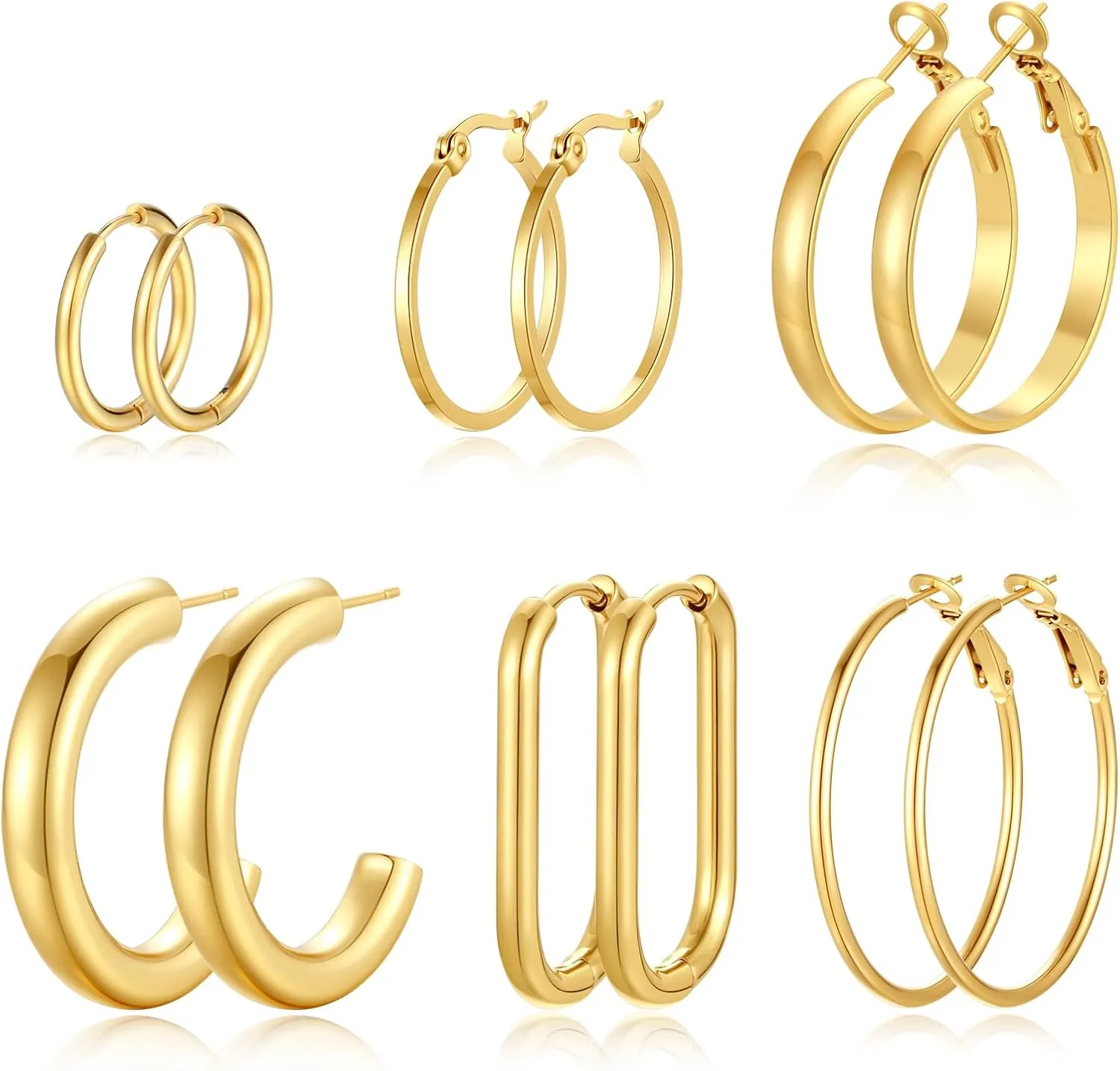 6 Pairs Chunky Silver Gold Hoop Earrings Set for Women 14K Gold Plated Hypoallergenic Thick Open Huggie Hoop Set Pack Jewelry Gifts