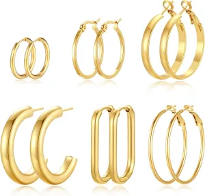 6 Pairs Chunky Silver Gold Hoop Earrings Set for Women 14K Gold Plated Hypoallergenic Thick Open Huggie Hoop Set Pack Jewelry Gifts