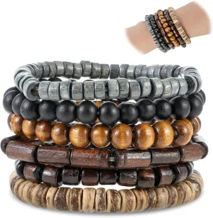 6 Pcs Mens Beaded Bracelets Set Gothic Style Wooden Bead Bracelet Men Detachable Multi-Layer Elastic Bracelets for Men Punk Rock Style Personalized Wooden Jewelry Great Gift Choice