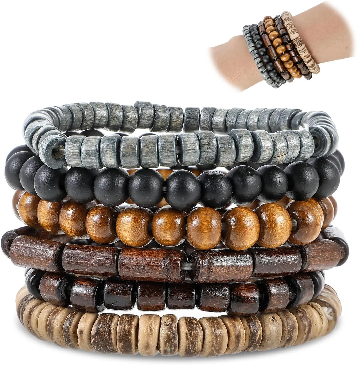 6 Pcs Mens Beaded Bracelets Set Gothic Style Wooden Bead Bracelet Men Detachable Multi-Layer Elastic Bracelets for Men Punk Rock Style Personalized Wooden Jewelry Great Gift Choice