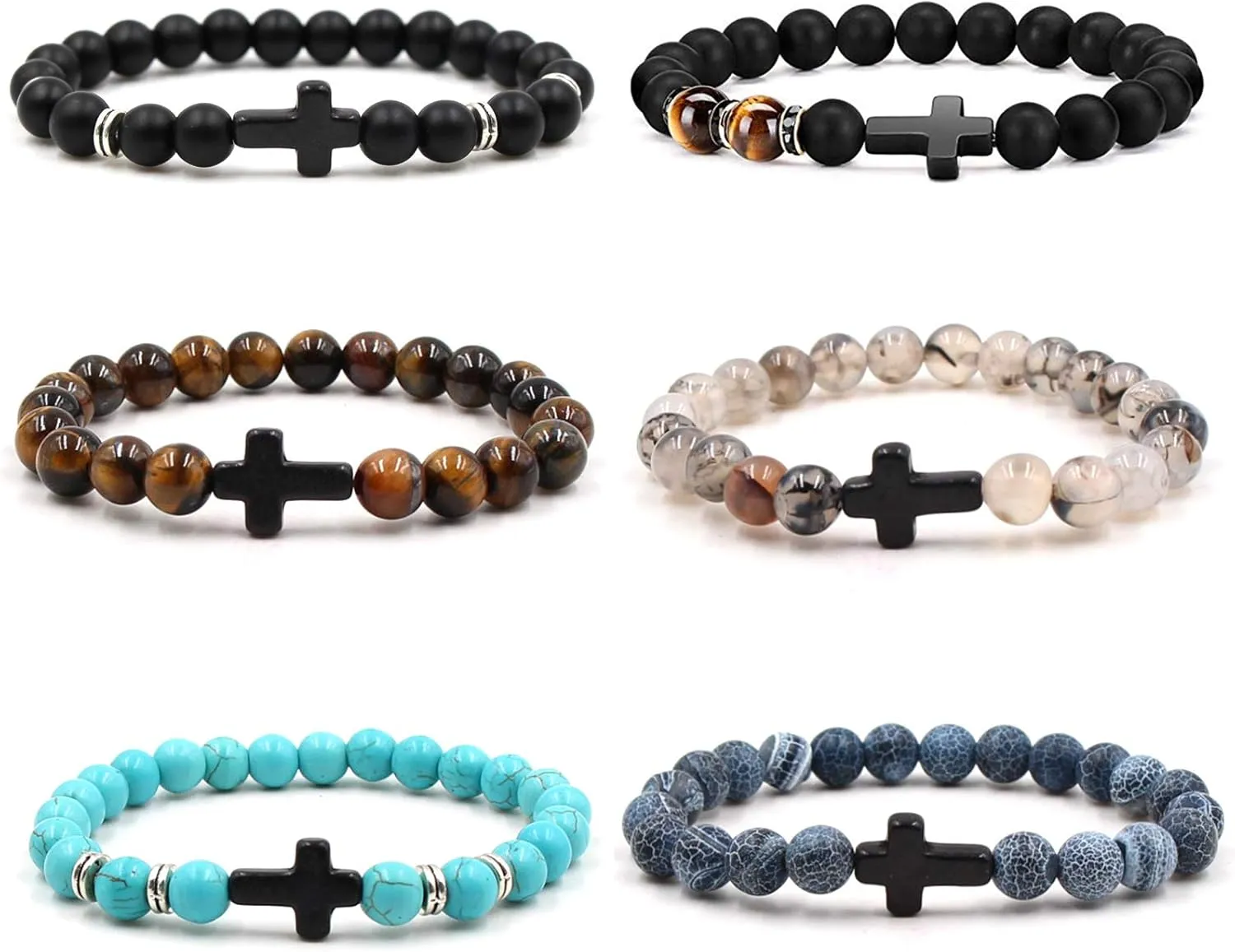 6Pcs Cross Natural Stone Stretch Bracelet Set Beads 8mm Lava Rock Tiger Eye Strand Elastic Healing Turquoise for Men Women Religion Jewelry