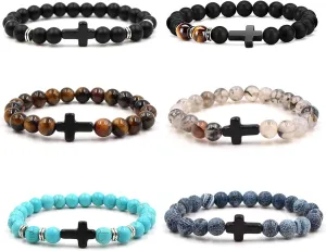 6Pcs Cross Natural Stone Stretch Bracelet Set Beads 8mm Lava Rock Tiger Eye Strand Elastic Healing Turquoise for Men Women Religion Jewelry