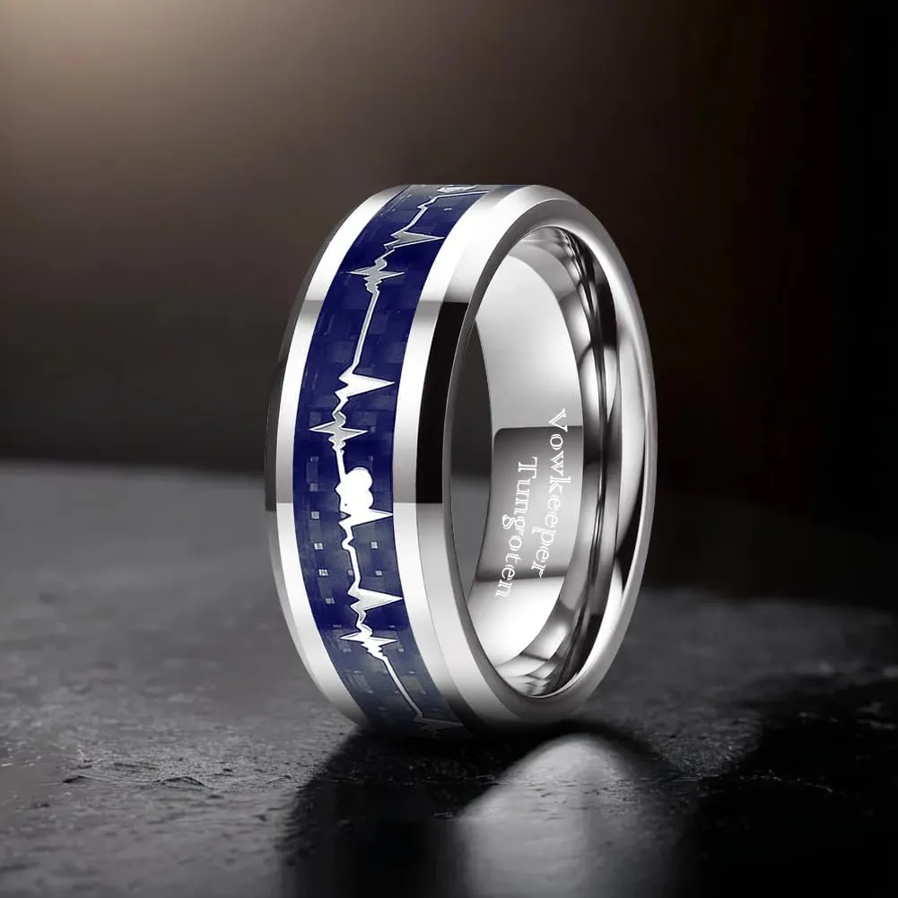 8mm Black Tungsten Men's Wedding Ring, Inlaid with Fashion Heartbeat Design, Ideal for Wedding, Engagement & Promise, Unisex Gift Ring Size 7-13
