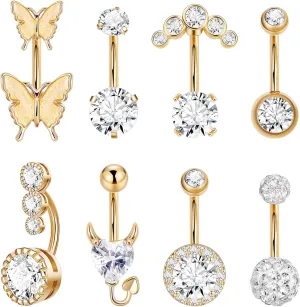 8Pcs 6MM 10MM 14MM 14G Belly Button Rings for Women Surgical Steel Belly Rings Curved Navel Rings Body Piercing Jewelry