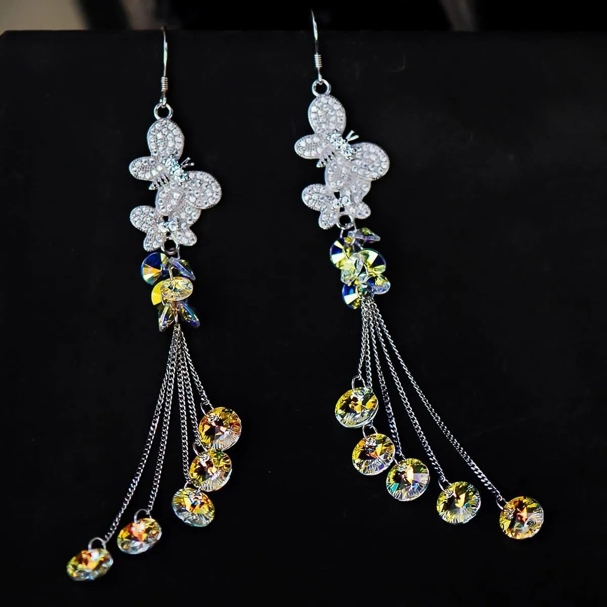 925 Sterling Silver Butterfly Crystal hook Earrings Sparkling Austrian Crystals with drop dangle Tassels Handcrafted Statement Jewelry for women and Ladies