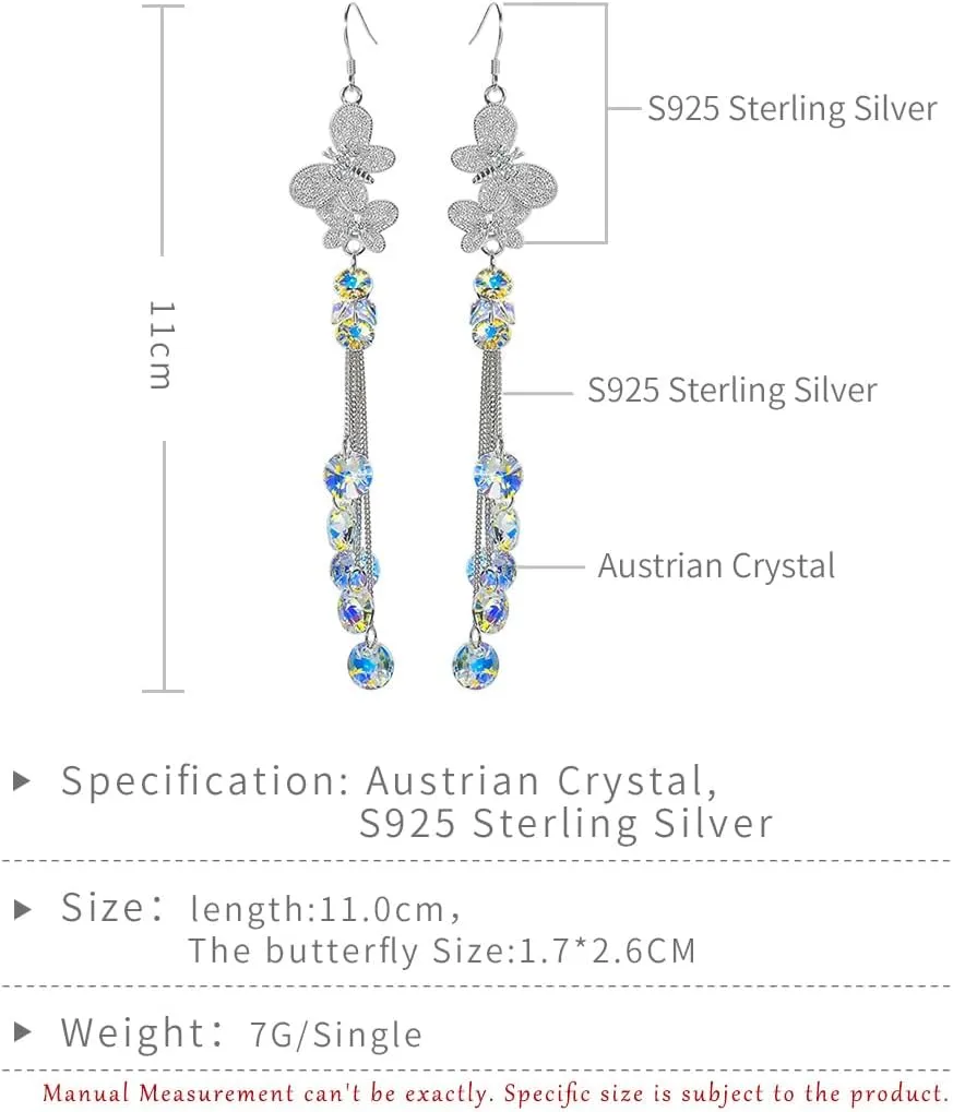 925 Sterling Silver Butterfly Crystal hook Earrings Sparkling Austrian Crystals with drop dangle Tassels Handcrafted Statement Jewelry for women and Ladies