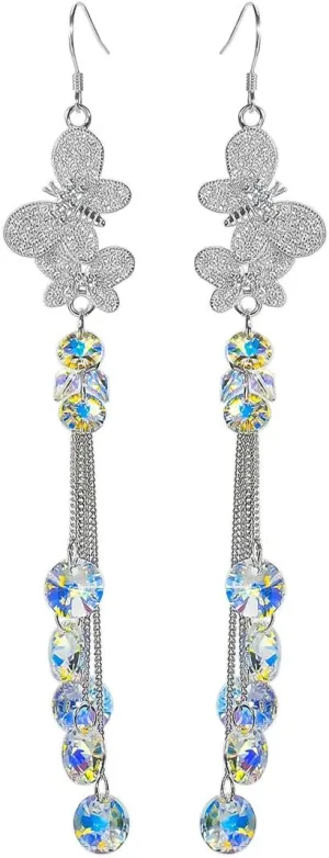 925 Sterling Silver Butterfly Crystal hook Earrings Sparkling Austrian Crystals with drop dangle Tassels Handcrafted Statement Jewelry for women and Ladies