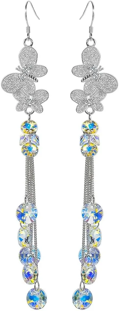 925 Sterling Silver Butterfly Crystal hook Earrings Sparkling Austrian Crystals with drop dangle Tassels Handcrafted Statement Jewelry for women and Ladies