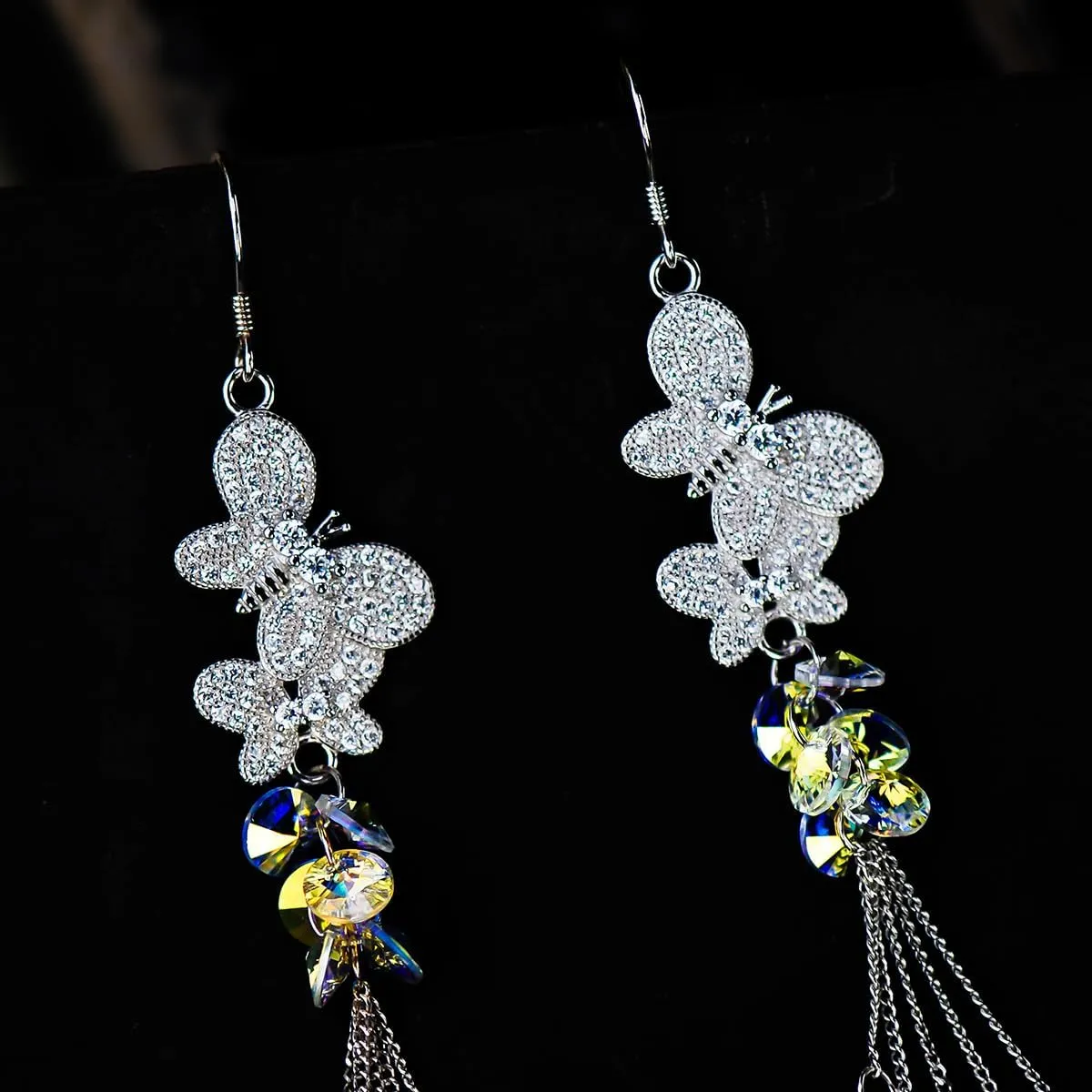 925 Sterling Silver Butterfly Crystal hook Earrings Sparkling Austrian Crystals with drop dangle Tassels Handcrafted Statement Jewelry for women and Ladies