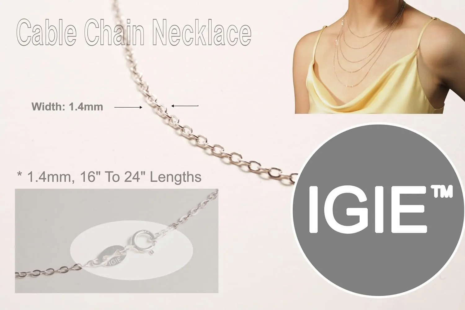 925 Sterling Silver Cable Chain For Women, White Gold Plated Necklace, Fine Cable Chain, 1.4mm, 16" To 24" Lengths