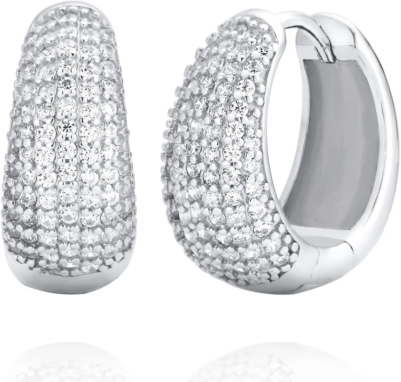 925 Sterling Silver Cubic Zirconia Pave Dome Huggie Chunky Hoop Earrings