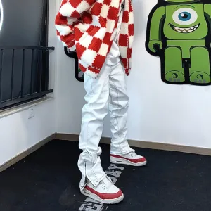 American retro white jeans men and women trendy hip-hop functional sense zipper slit slim small straight pants men skinny jeans
