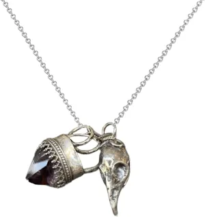 Amethyst and Crow Skull Locket Talisman, Crow Skull Necklace with Inlay Amethyst, Meditation Talisman Pendant with Crystal Inlay, Amulet for Men and Women