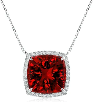 Angara Lab Grown Cushion Ruby Halo Pendant with Filigree in Silver / 14K Solid Gold/Platinum | July Birthstone, Birthday, Engagement, Anniversary, Wedding Jewelry Gift for Women