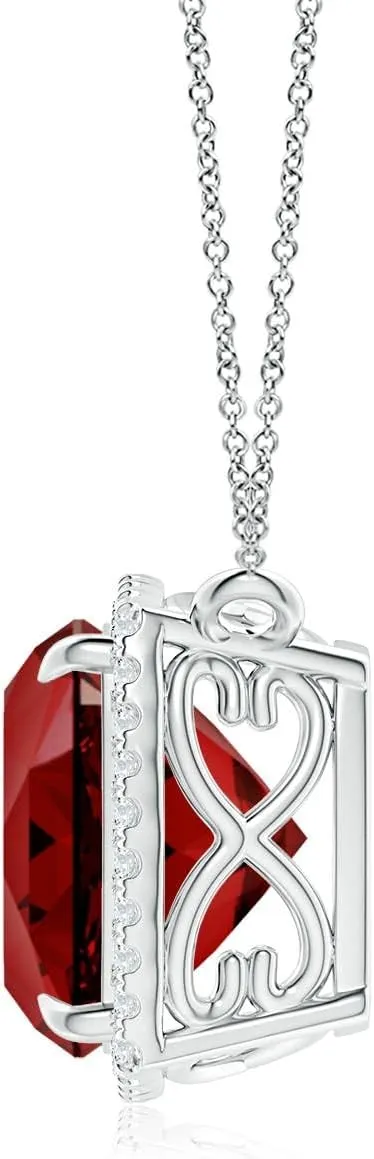 Angara Lab Grown Cushion Ruby Halo Pendant with Filigree in Silver / 14K Solid Gold/Platinum | July Birthstone, Birthday, Engagement, Anniversary, Wedding Jewelry Gift for Women