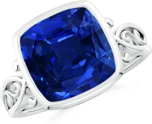 Angara Lab Grown Vintage Style Cushion Sapphire Solitaire Ring in 14K Solid Gold/Platinum | September Birthstone, Birthday, Engagement, Anniversary, Wedding Jewelry Gift for Women