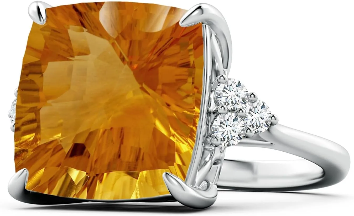 Angara Natural GIA Certified Cushion 12 ct Citrine Engagement Ring with Trio Diamonds in 14K Solid Gold/Platinum for Women | November Birthstone Jewelry for Women
