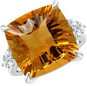 Angara Natural GIA Certified Cushion 12 ct Citrine Engagement Ring with Trio Diamonds in 14K Solid Gold/Platinum for Women | November Birthstone Jewelry for Women