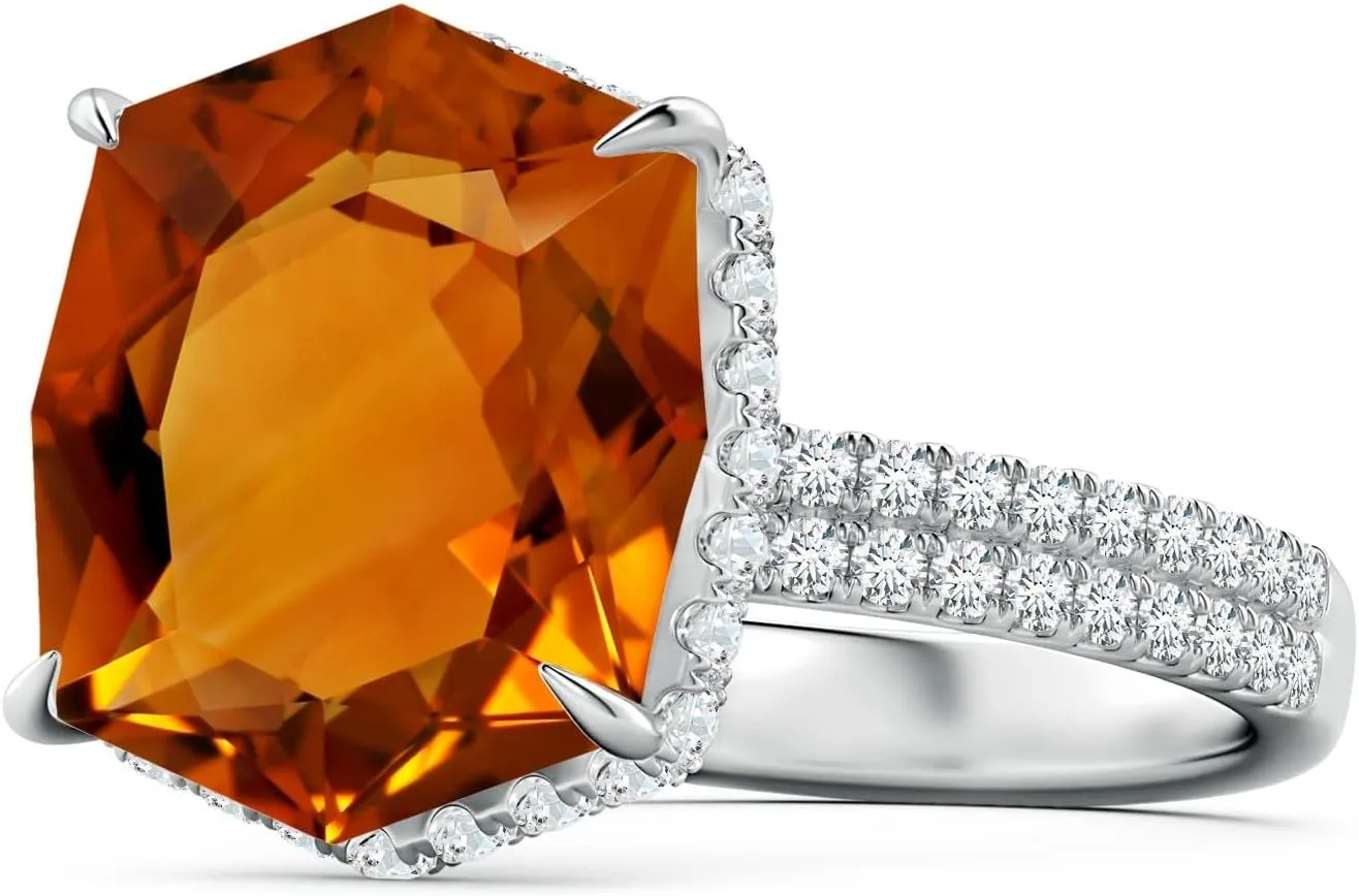 Angara Natural GIA Certified Rectangular Cushion 7.12 ct Citrine Hidden Halo Cocktail Ring in 14K Solid Gold/Platinum for Women | November Birthstone Jewelry for Women