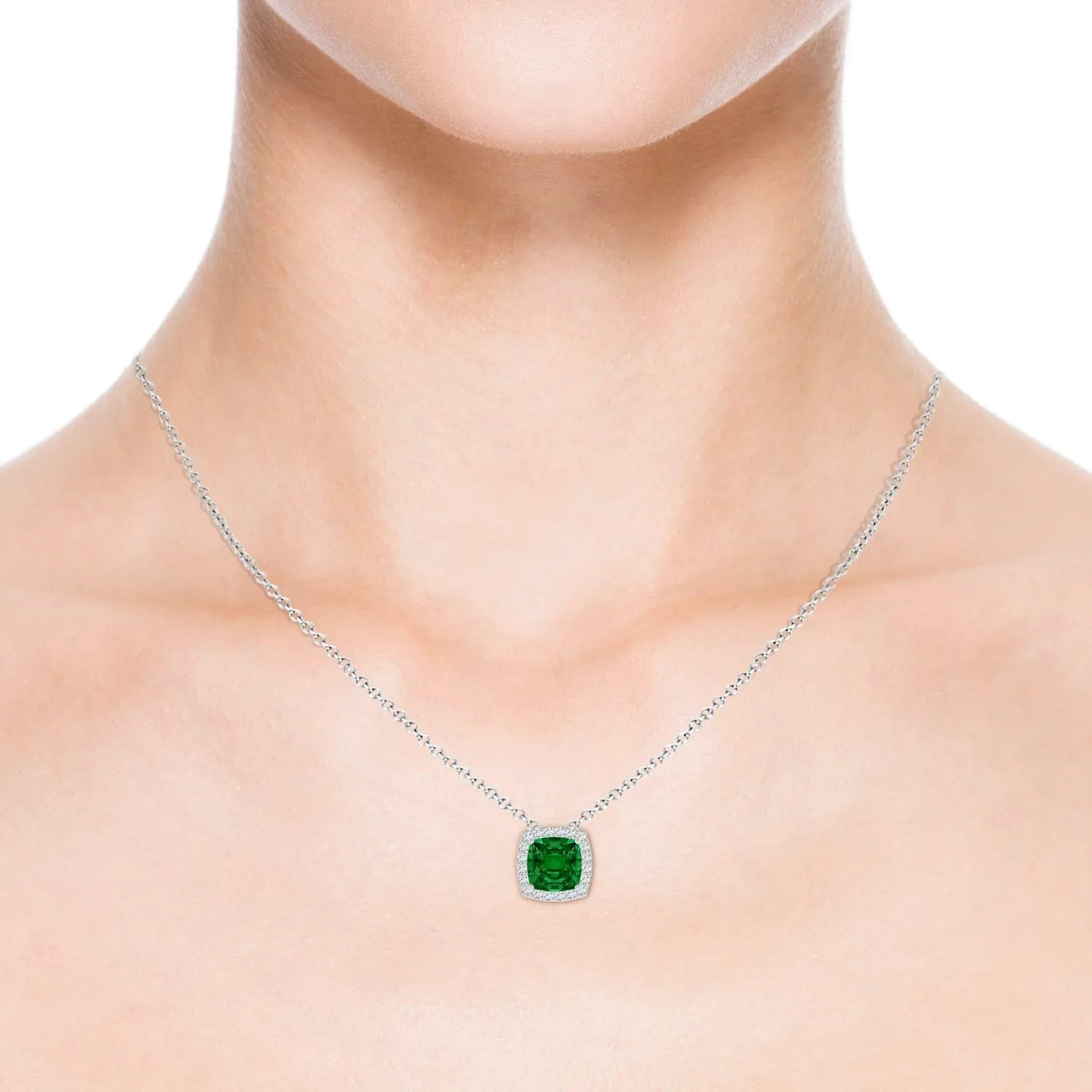 Angara Vintage Inspired Cushion Lab Grown Emerald Halo Pendant in 14K Solid Gold/Platinum | May Birthstone, Birthday, Engagement, Anniversary, Wedding Jewelry Gift for Women