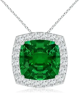 Angara Vintage Inspired Cushion Lab Grown Emerald Halo Pendant in 14K Solid Gold/Platinum | May Birthstone, Birthday, Engagement, Anniversary, Wedding Jewelry Gift for Women
