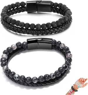 Angyape Natural Agate Stone Leather Beaded Bracelet, Lugxb Natural Agate 6mm Stone Adjustable Leather Beaded Bracelet Jewelry Gifts for Men Women