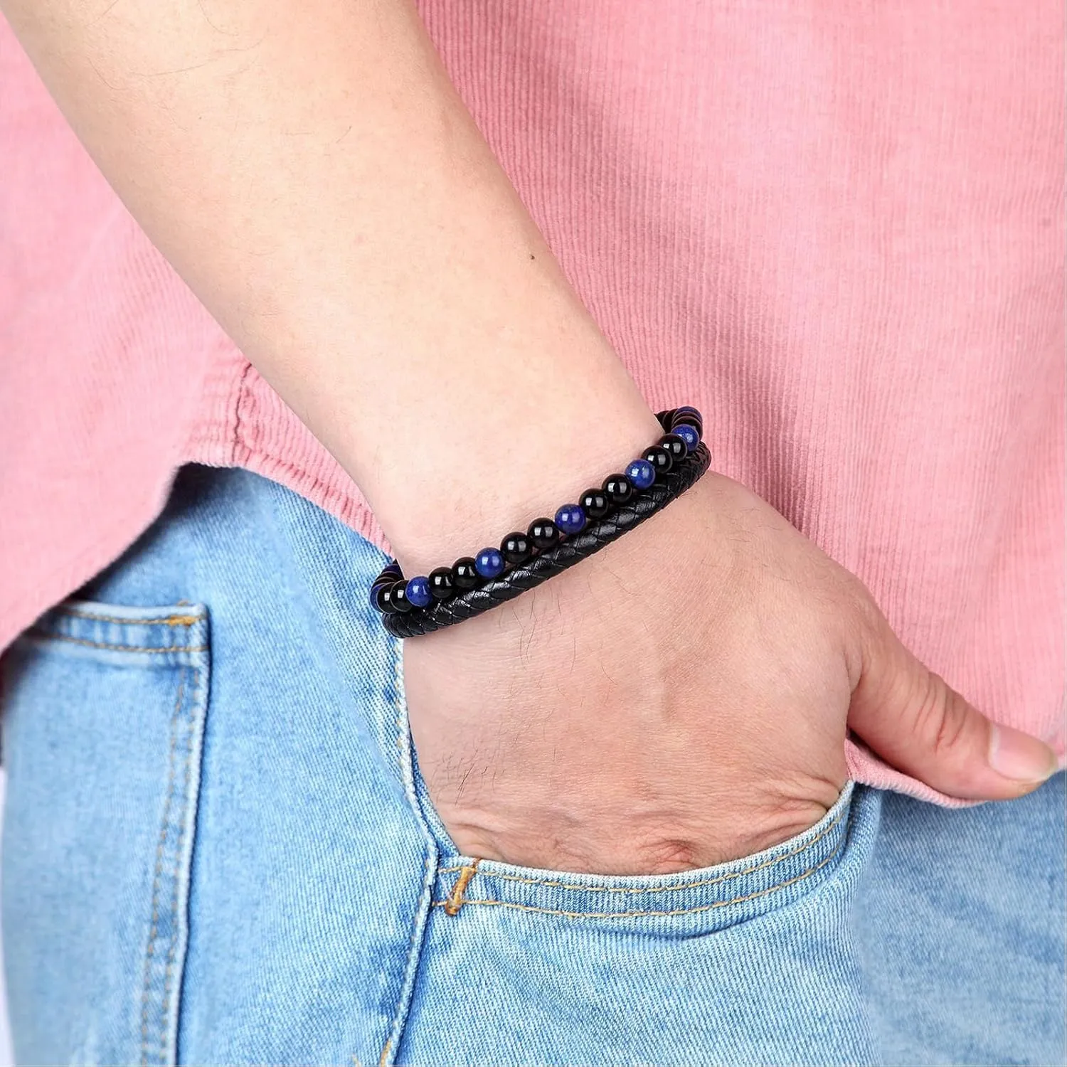 Angyape Natural Agate Stone Leather Beaded Bracelet, Lugxb Natural Agate 6mm Stone Adjustable Leather Beaded Bracelet Jewelry Gifts for Men Women