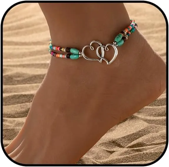 Ankle Bracelet for Women Waterproof Anklet Elastic Heart Anklet Stretchy Ankle Bracelet Colorful Beaded Anklet Boho Ankle Bracelet Silver Summer Beach Anklet Jewelry Accessories