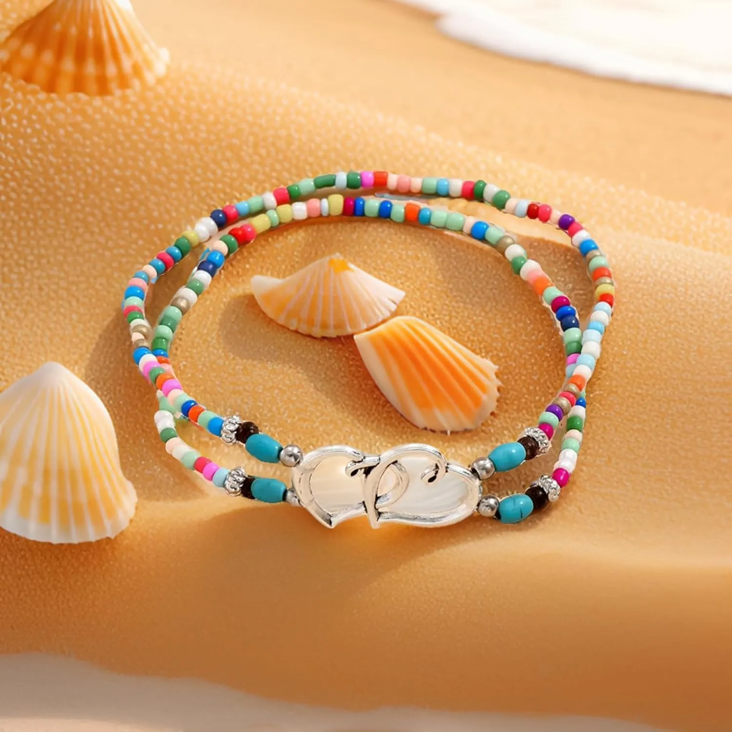 Ankle Bracelet for Women Waterproof Anklet Elastic Heart Anklet Stretchy Ankle Bracelet Colorful Beaded Anklet Boho Ankle Bracelet Silver Summer Beach Anklet Jewelry Accessories