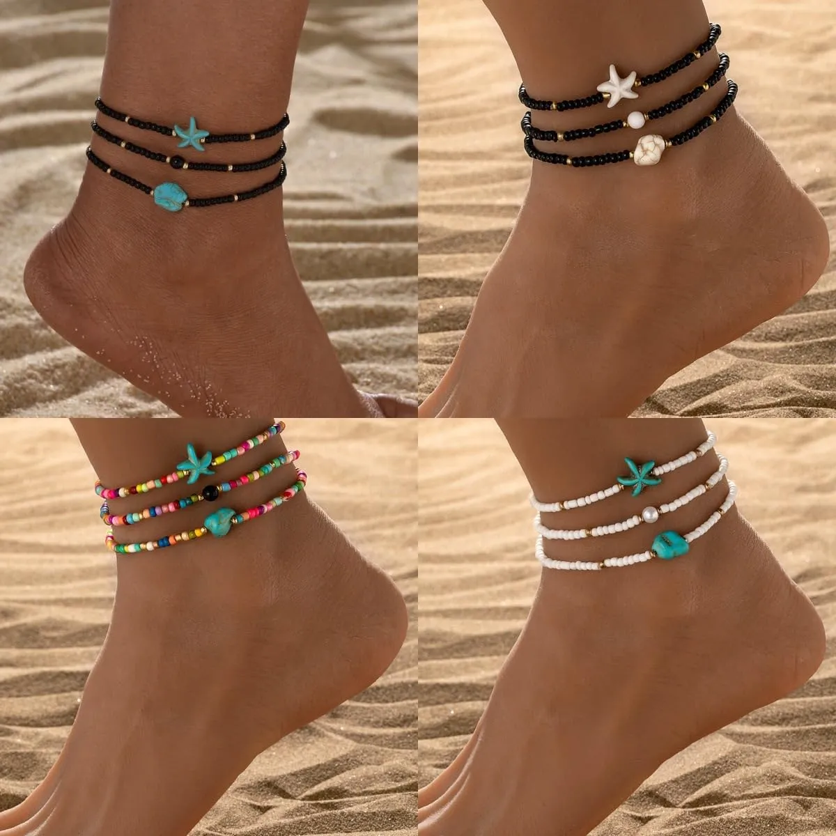Ankle Bracelets for Women Waterproof Heart Beaded Anklet Layered Elastic Beaded Anklet Boho Beach Stretchy Anklets Foot Jewelry for Beach Accessories for Summer