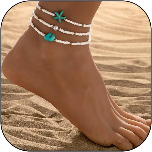 Ankle Bracelets for Women Waterproof Heart Beaded Anklet Layered Elastic Beaded Anklet Boho Beach Stretchy Anklets Foot Jewelry for Beach Accessories for Summer