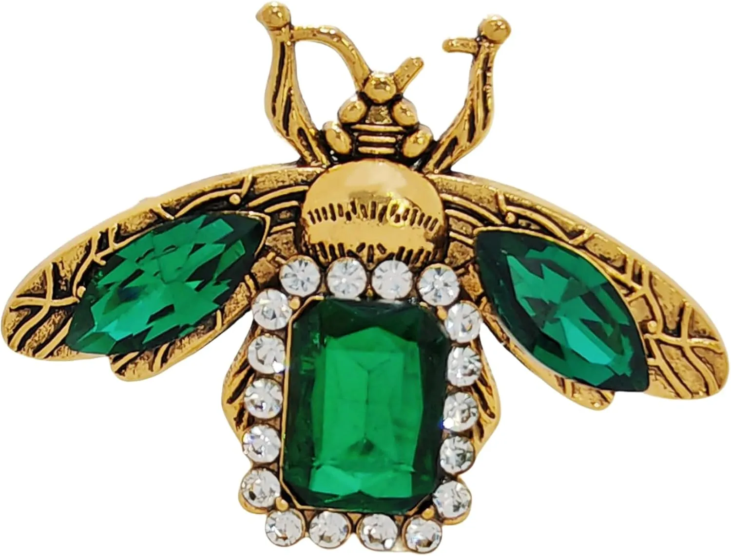 Antique Gold Metal & Green Rhinestone Bee Brooch - Vintage-Inspired Insect Bug Pin Jewelry with Marquise Crystal & Halo of Clear Crystals