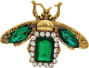 Antique Gold Metal & Green Rhinestone Bee Brooch - Vintage-Inspired Insect Bug Pin Jewelry with Marquise Crystal & Halo of Clear Crystals